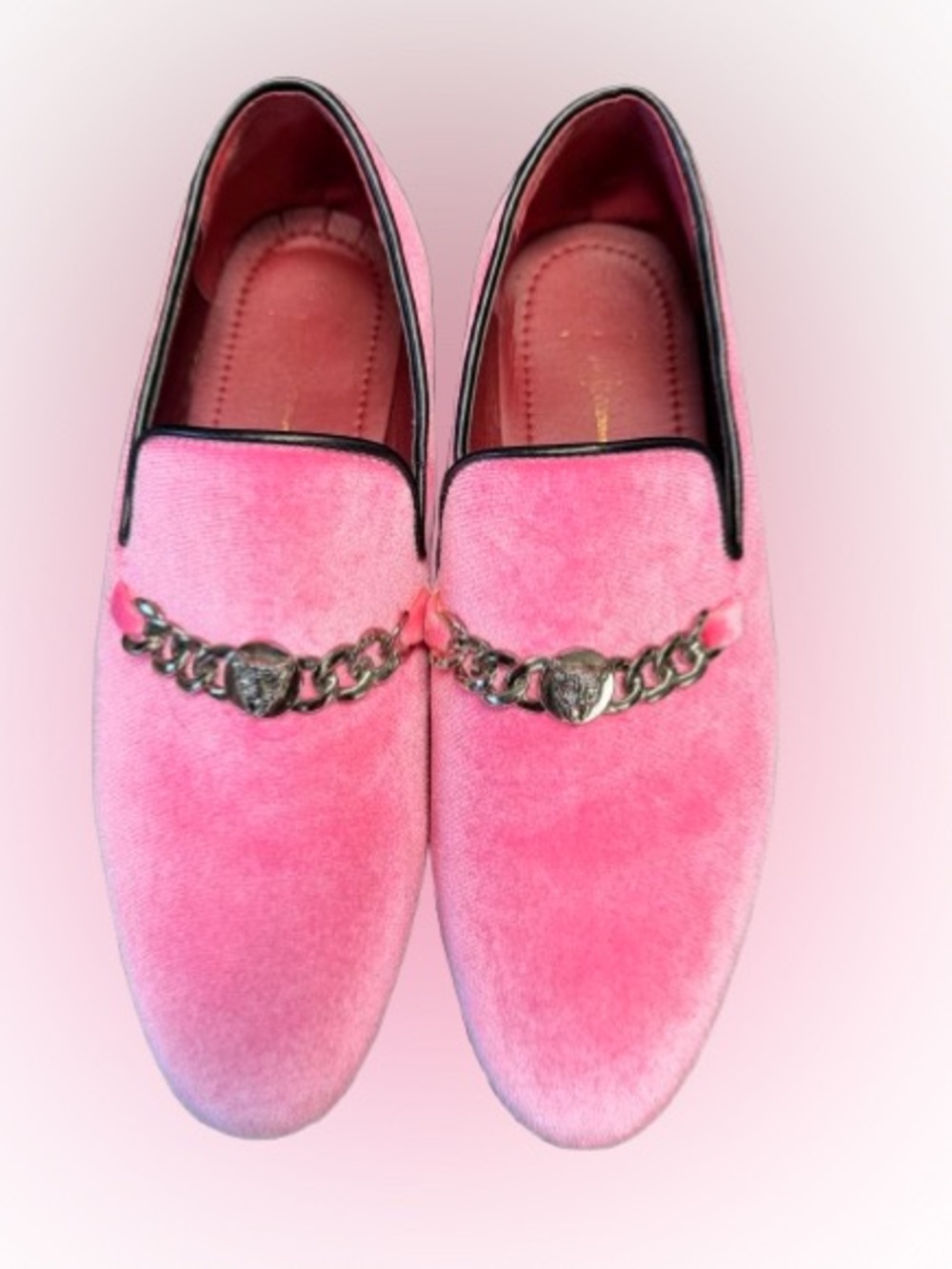 Pink Velvet Chain Loafers Smoking Slippers Lion Medallion Dress Shoes Men’s 8.5